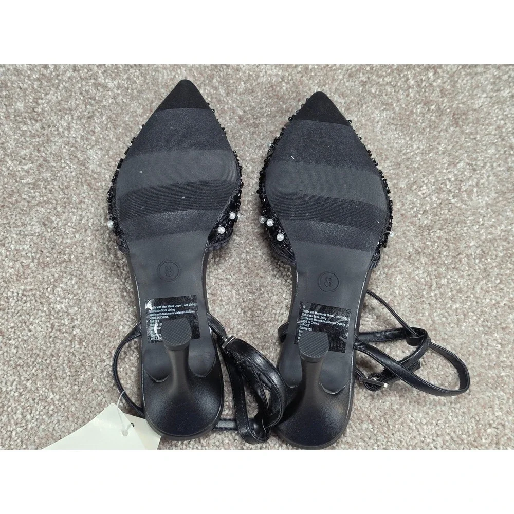 A New Day Ruth Black Beaded Pearl‎ Mesh Slingback Pumps Heels Womens 8 NEW